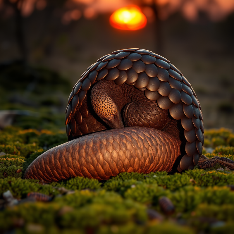 Pangolin Curls Into a Protective Ball on Mossy