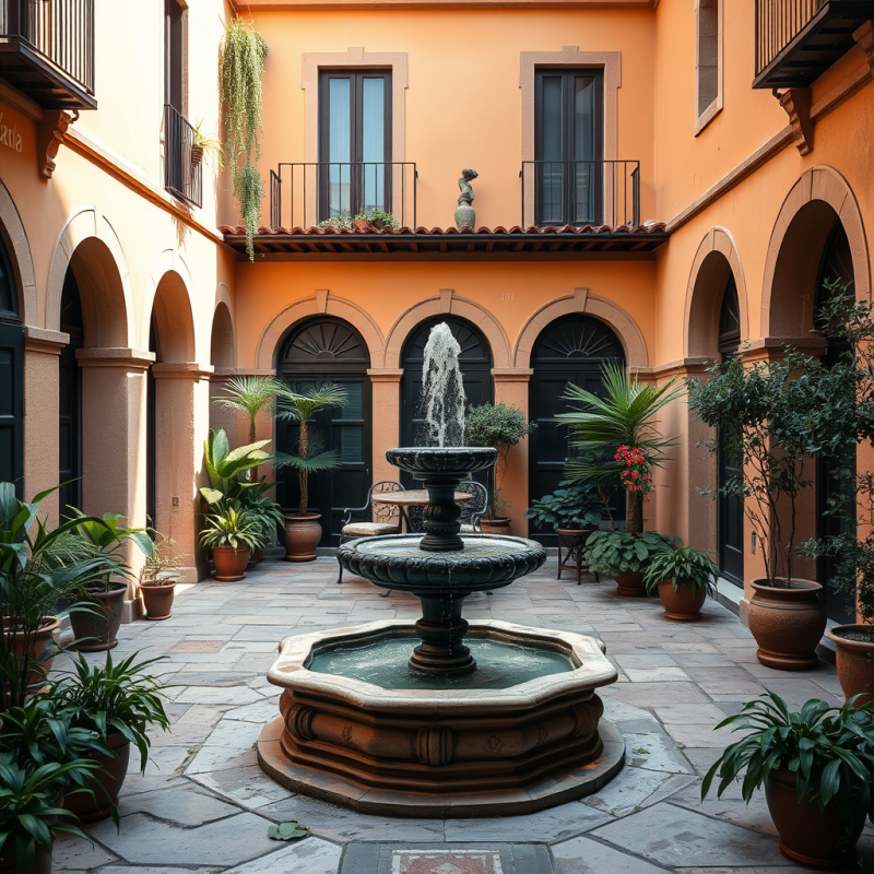 Peaceful Courtyard with Fountain and Mediterranean Archit...