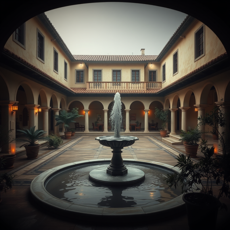 Peaceful Courtyard with Fountain and Mediterranean Archit...