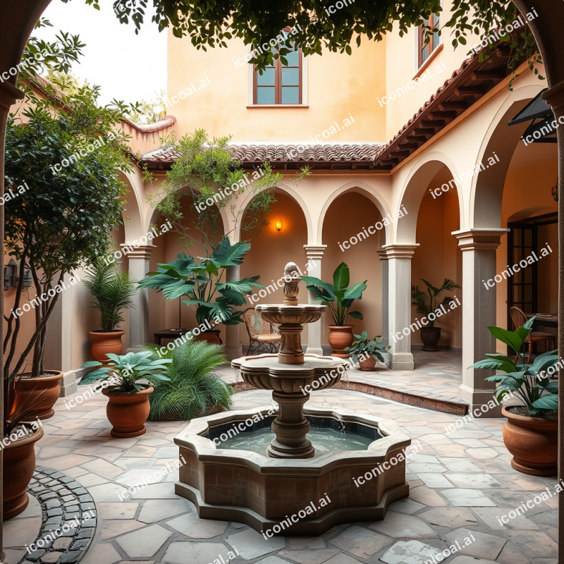 Peaceful Courtyard With Fountain And Mediterranean Archit...