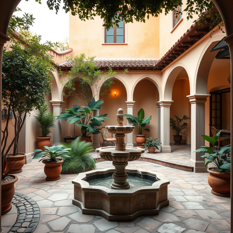 Peaceful Courtyard with Fountain and Mediterranean Archit...