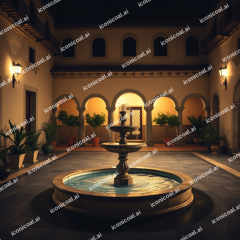 Peaceful Courtyard With Fountain And Mediterranean Archit...