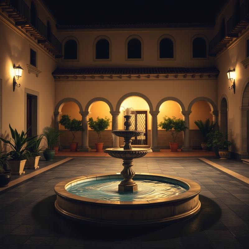 Peaceful Courtyard with Fountain and Mediterranean Archit...