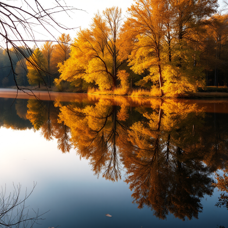 Peaceful Lake Reflection with Autumn Trees Mirror Image