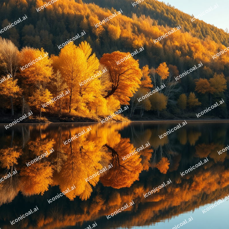 Peaceful Lake Reflection With Autumn Trees Mirror Image