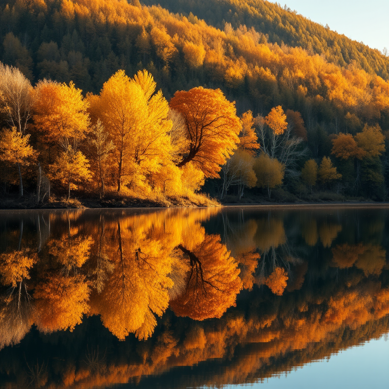 Peaceful Lake Reflection with Autumn Trees Mirror Image