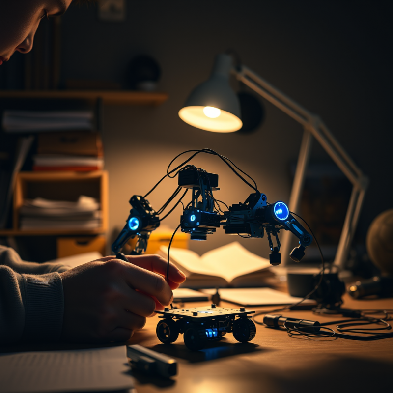 Person Carefully Assembles a Glowing Blue Robotic