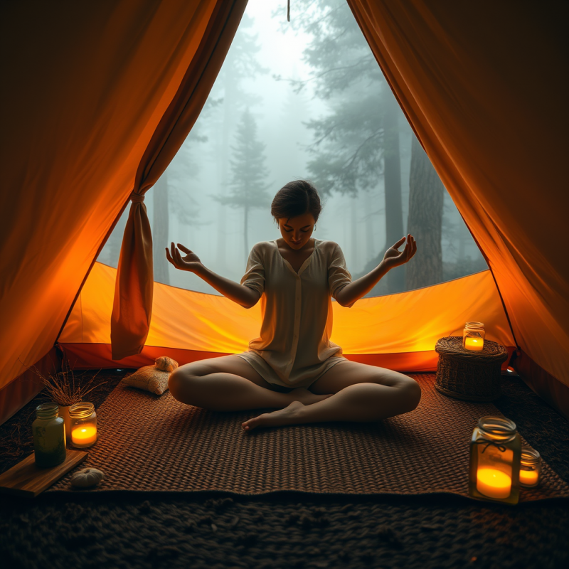 Person in a Glowing Amber-lit Tent Deep in a Misty Moun...