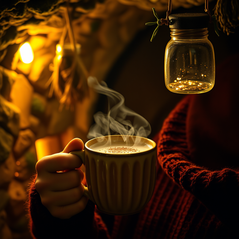 Person in a Glowing Amber-lit Underground Cellar Sips A...