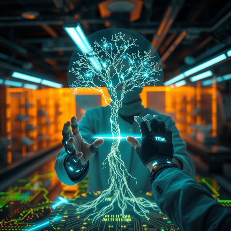 Person in a Neon-lit Underground Lab