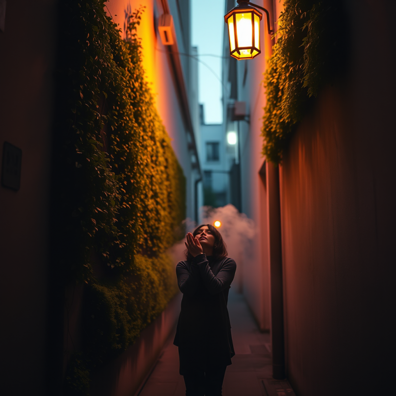 Person in a Neon-lit Urban Alley at Twilight