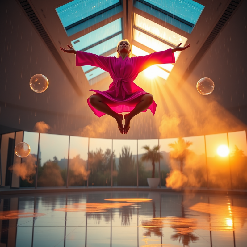 Person in a Neon-pink Seamless Athletic Robe Floats Mid...