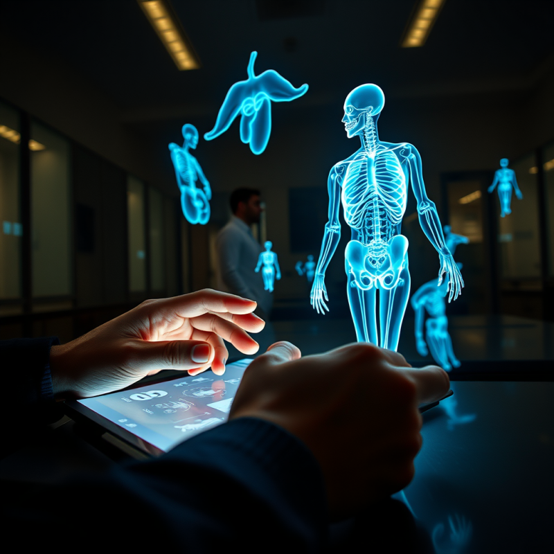 Person Interacts with Glowing Blue Holographic Human