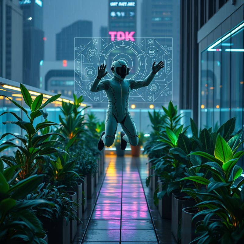 Person Mid-air in a Neon-lit Urban Rooftop Garden