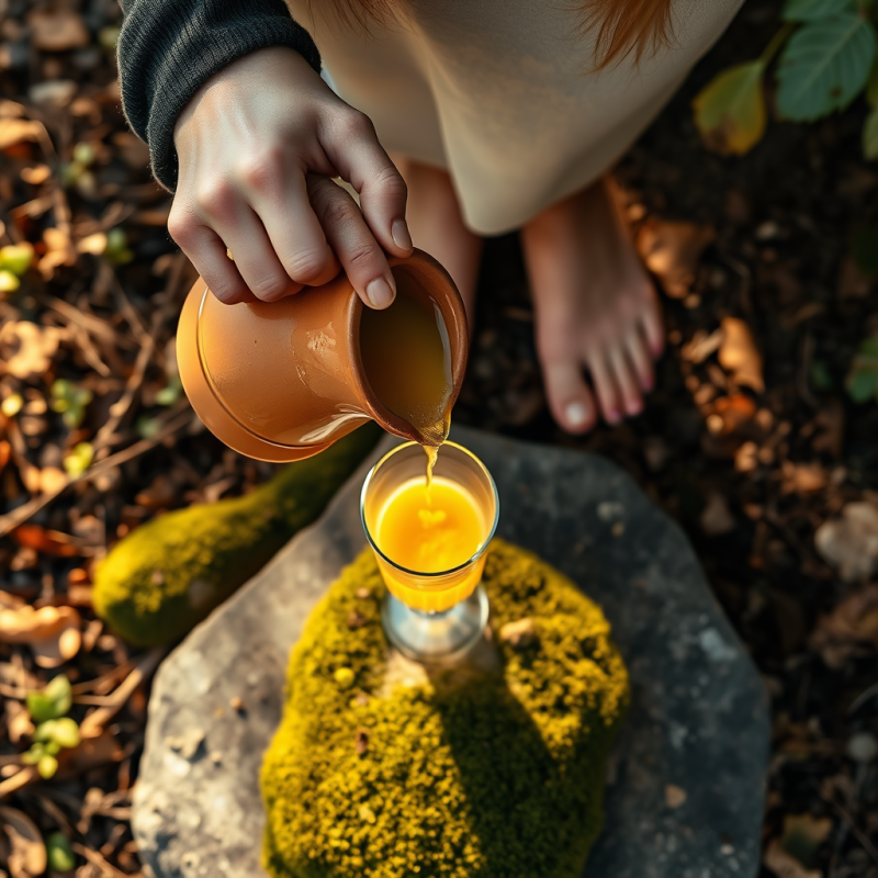 Person Pours a Golden Liquid from a Clay Pitcher