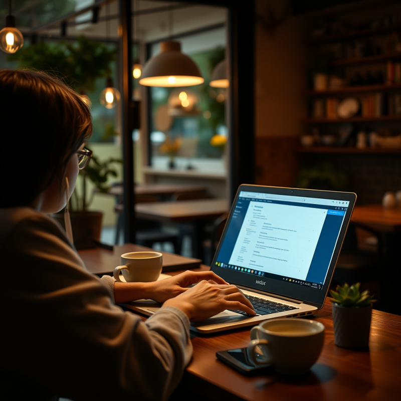 Person Using Laptop at Cafe Remote Work Technology