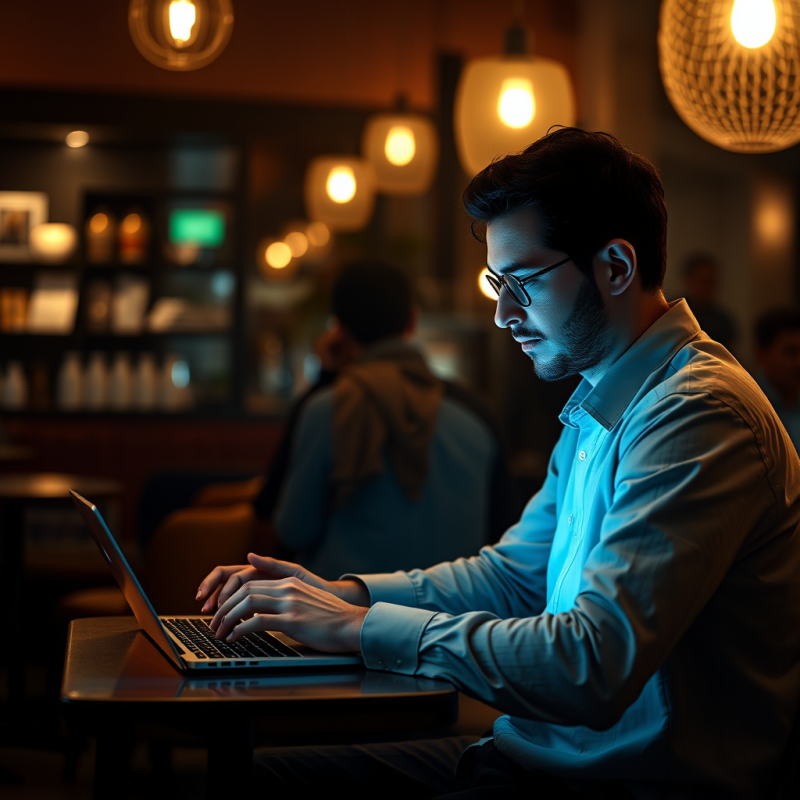 Person Using Laptop at Cafe Remote Work Technology