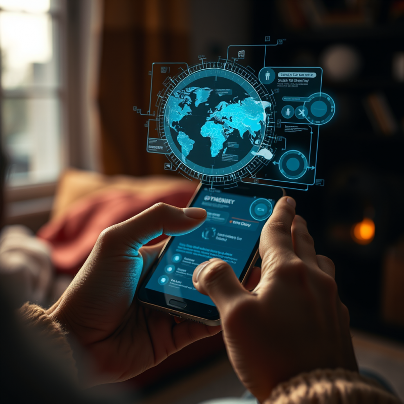 Person Using Smartphone with Holographic Interface Future...