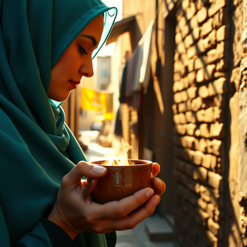 Person with a Vibrant Turquoise Hijab Cradles a Steamin...