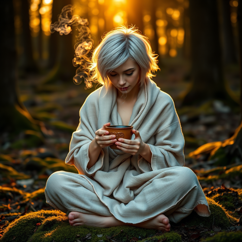 Person with Short Silver Hair and Glowing Skin Sits Cro...