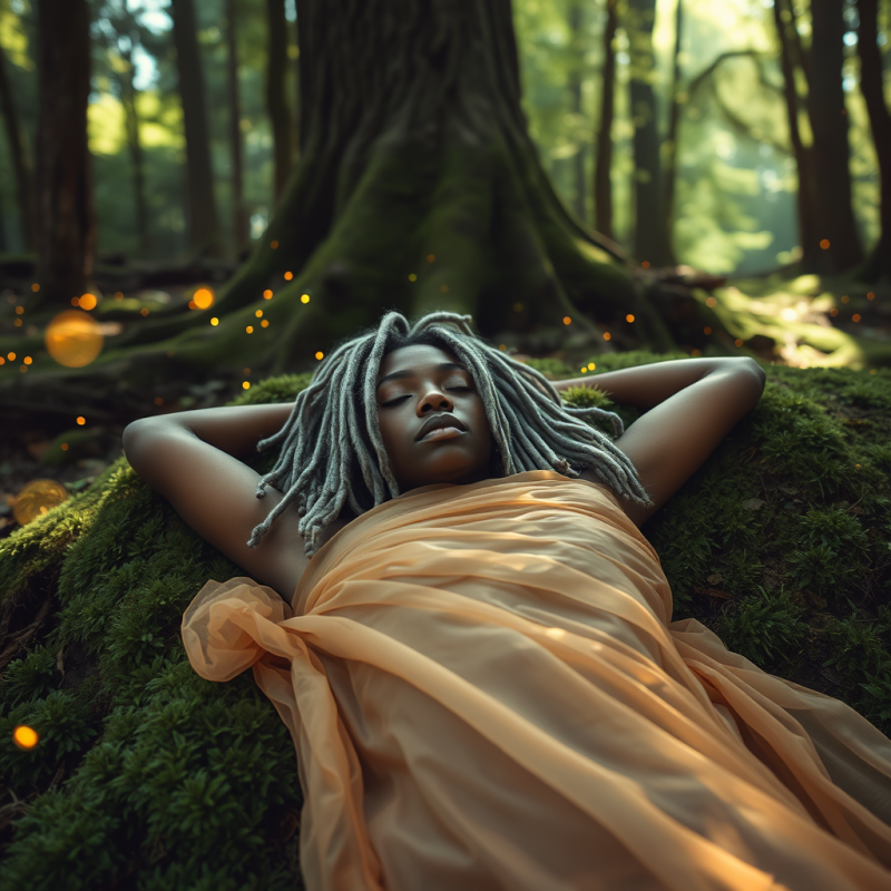 Person with Silver-streaked Dreadlocks Lies Inverted On...