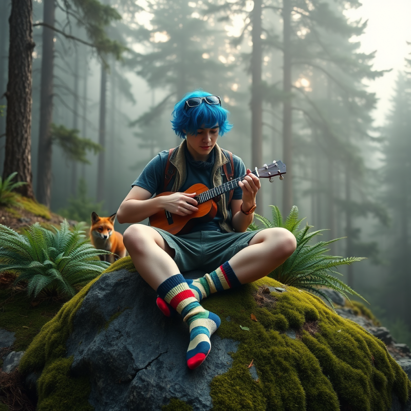 Person with Vibrant Blue Hair and Mismatched Socks Sits...