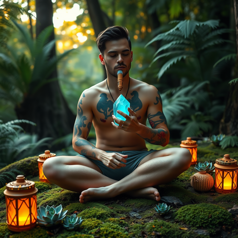 Person with Vibrant Tattoos Sits Cross-legged on a Moss...