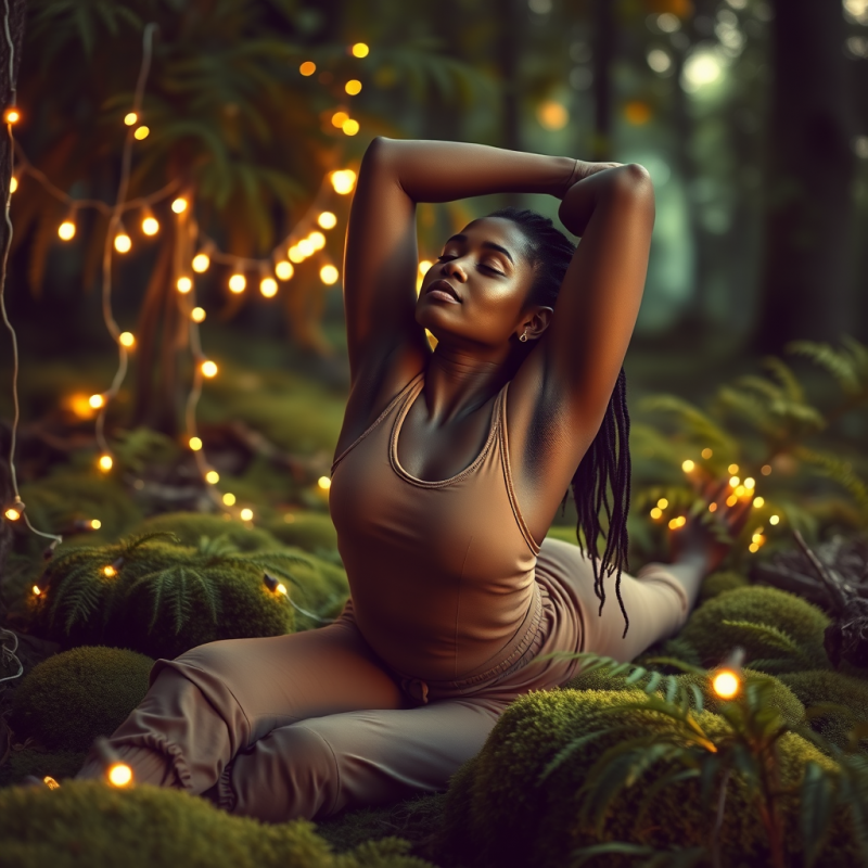 Person with Vitiligo Gently Stretching on a Moss-covere...