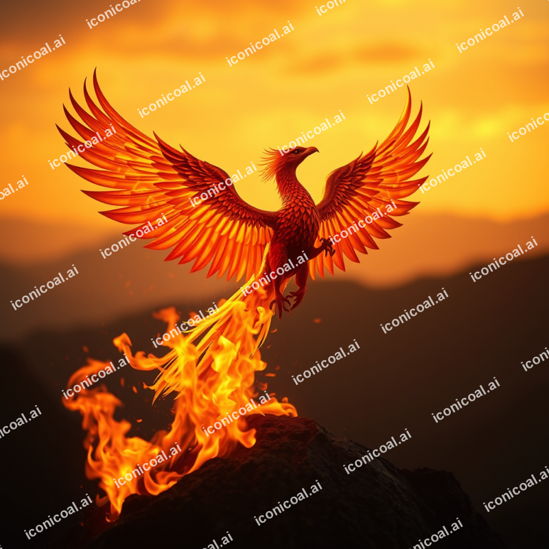 Phoenix Rising From Flames Golden Wings Rebirth Symbol