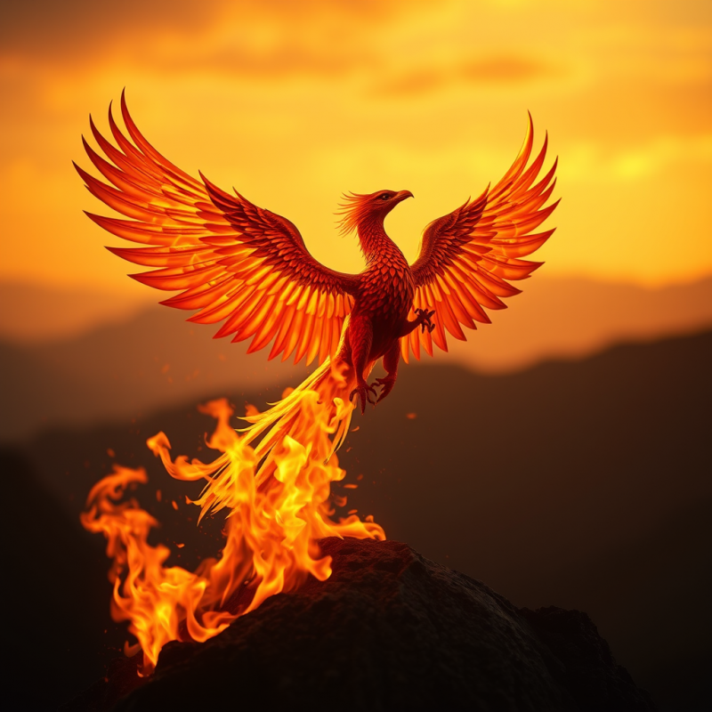 Phoenix Rising from Flames Golden Wings Rebirth Symbol