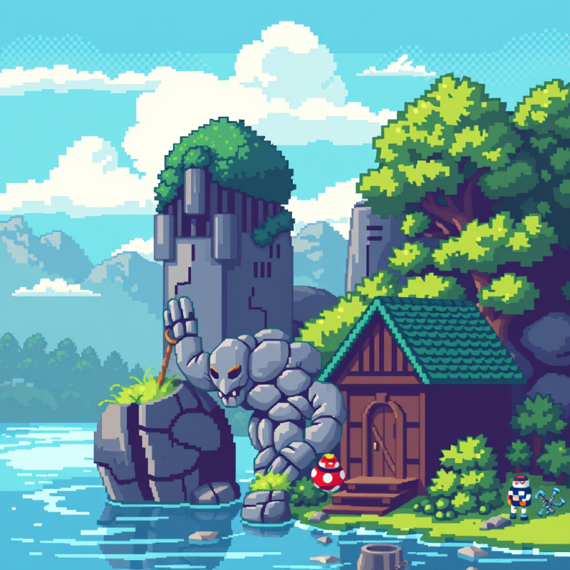 Pixel Art Stone Golem by Waterfall