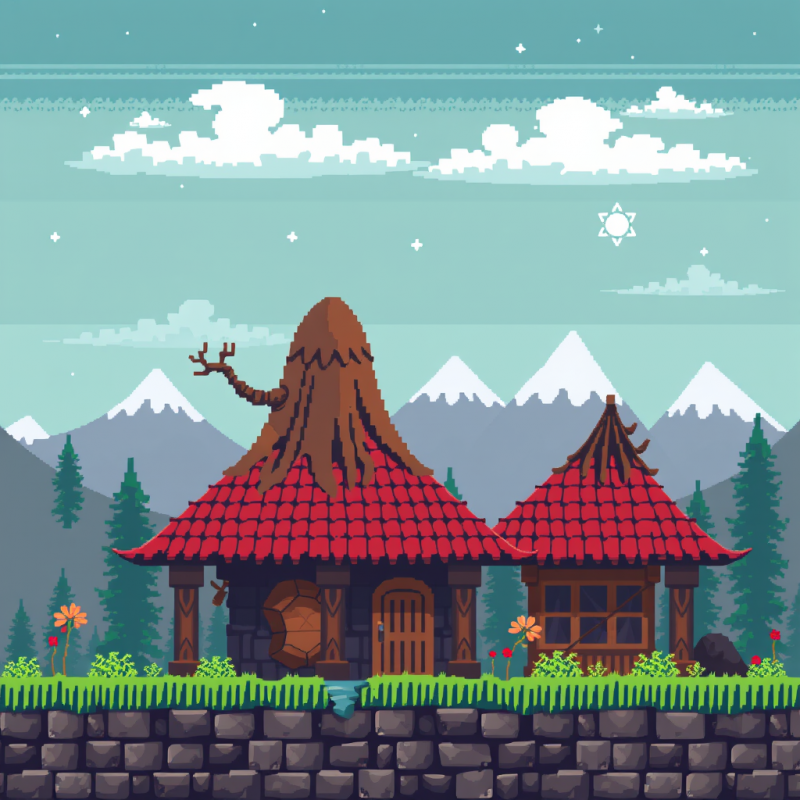 Pixelated Mountain Cabin with Red Roof