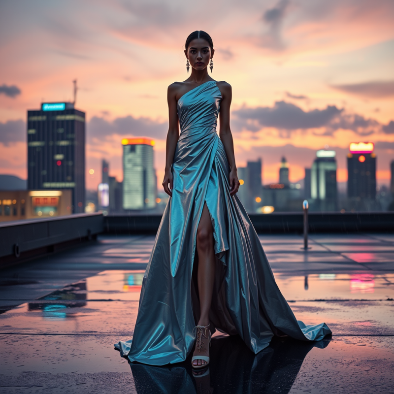 Poised Woman in a Shimmering Teal Gown Stands on a