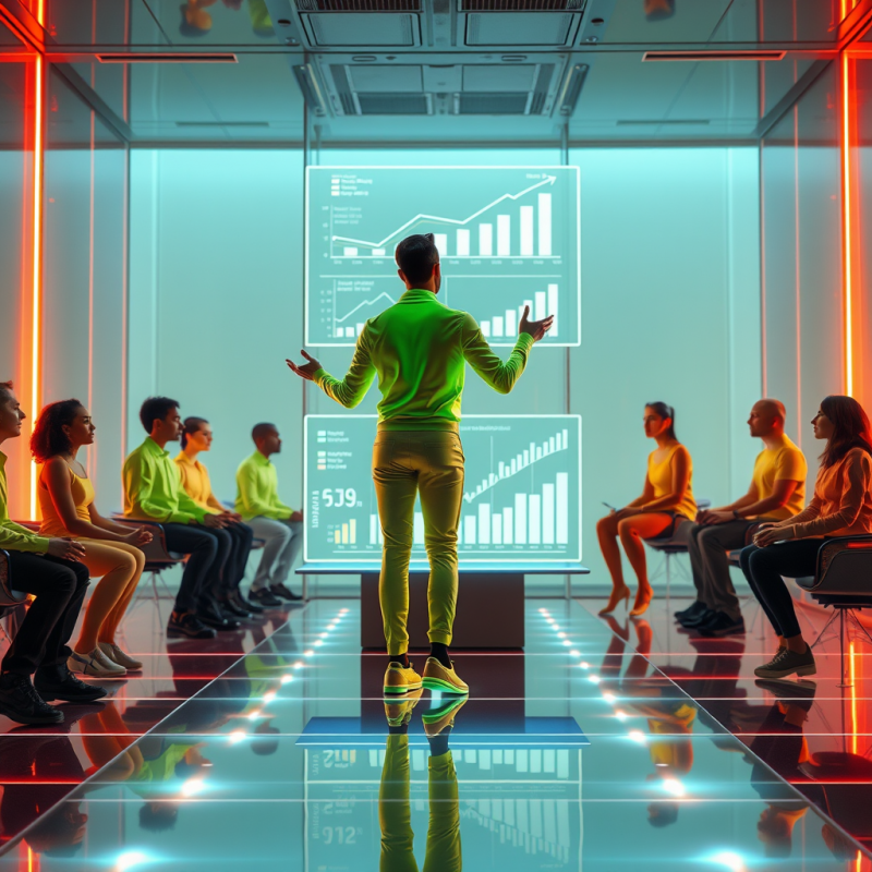 Presenter in Vibrant Green Leads a Futuristic