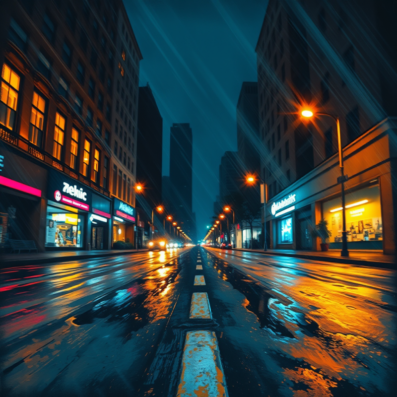 Rain-slicked City Street at Night