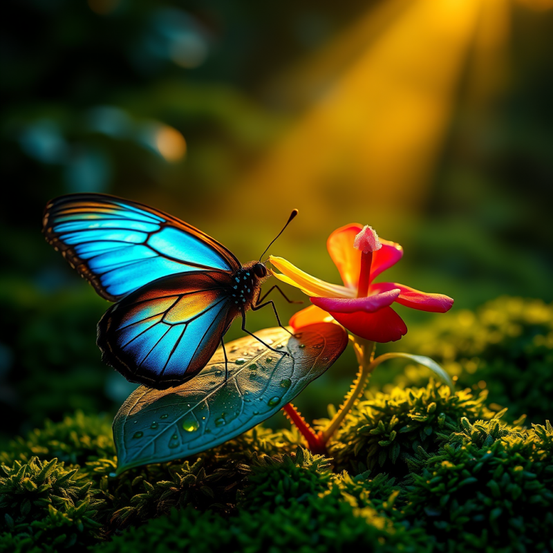 Rare Blue Morpho Butterfly Perched on a Dew-kissed Leaf...