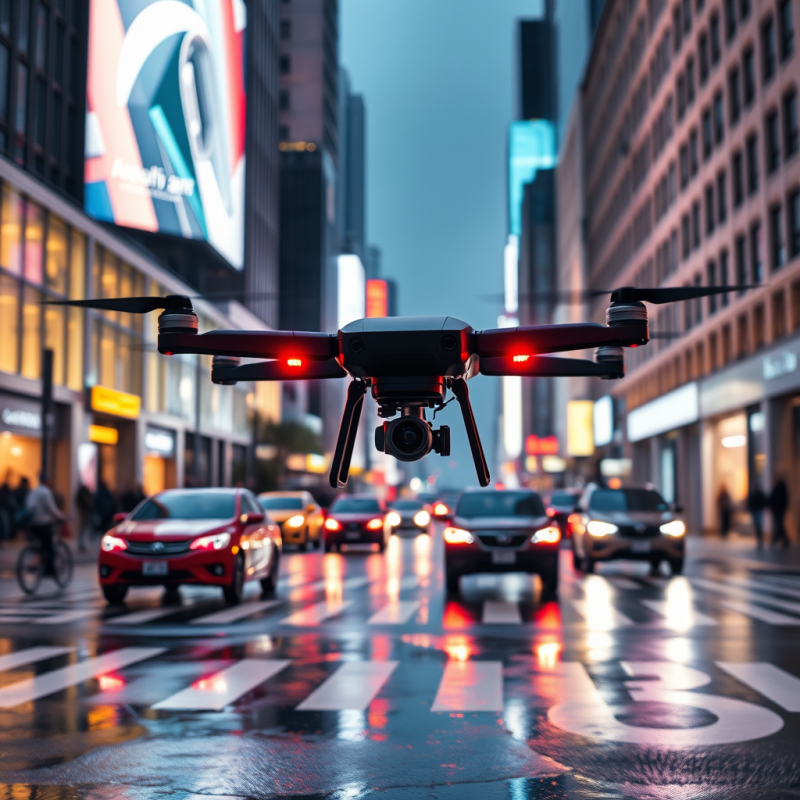 Red Drone Hovers Over a Wet Urban Street at Dusk,