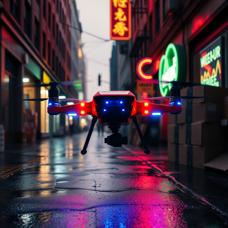 Red Drone with Glowing Lights Hovers Over a Wet,
