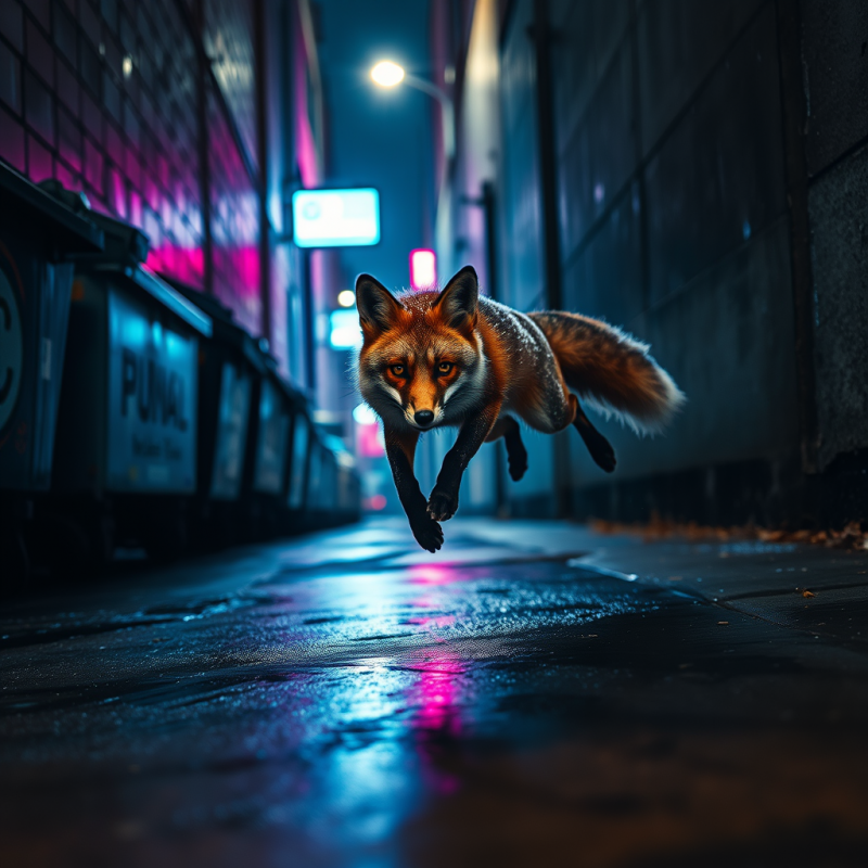 Red Fox Leaps Dynamically Through a Rain-slicked