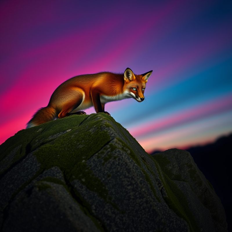 Red Fox with Emerald-green Eyes Crouches Atop a Mossy G...