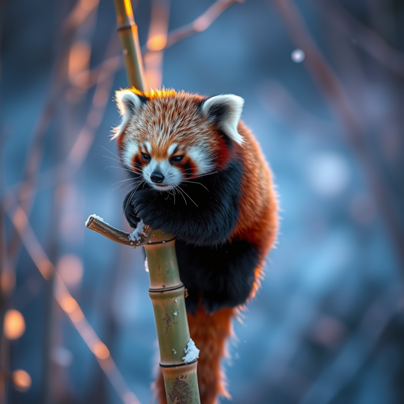 Red Panda Perched Sideways on a Frost-covered Bamboo St...