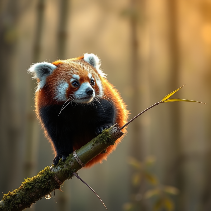 Red Panda Perched Sideways on a Moss-covered Bamboo Bra...