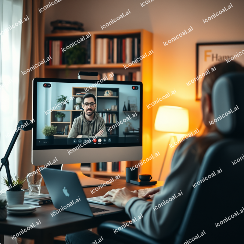 Remote Worker On Video Call From Home Office With Bookshe...