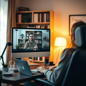 Remote Worker On Video Call From Home Office With Bookshe...