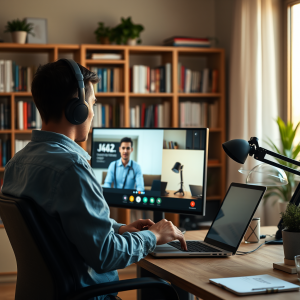 Remote Worker On Video Call From Home Office With Bookshe...