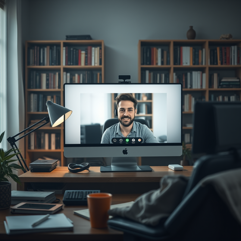 Remote Worker on Video Call from Home Office with Bookshe...