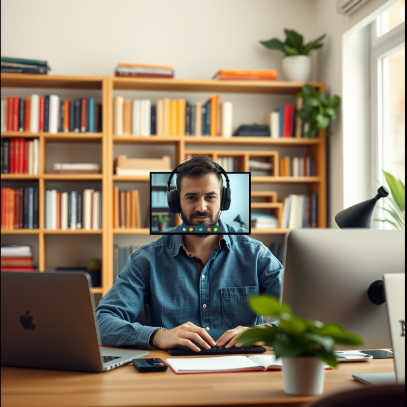 Remote Worker on Video Call from Home Office with Bookshe...