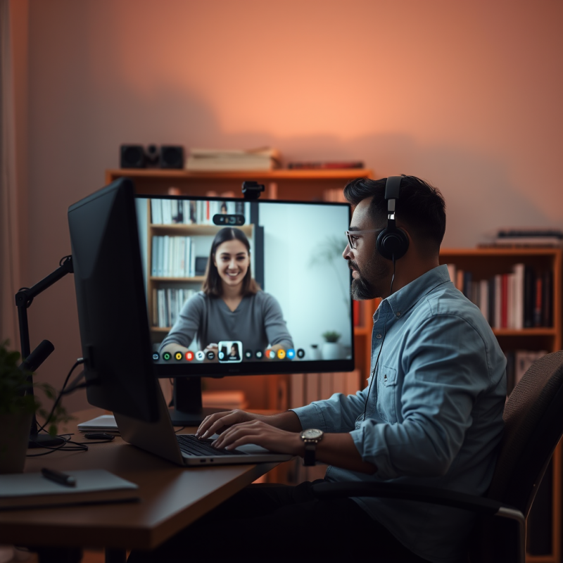 Remote Worker On Video Call From Home Office With Bookshe...