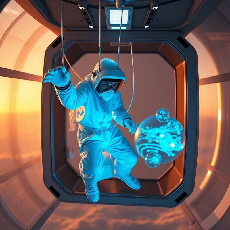 Researcher in a Neon-blue Hazmat Suit Floats Mid-air In...