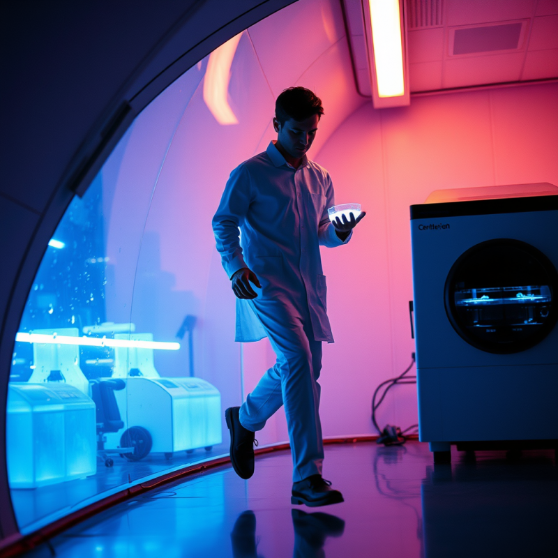 Researcher in a Neon-lit Underground Biolab